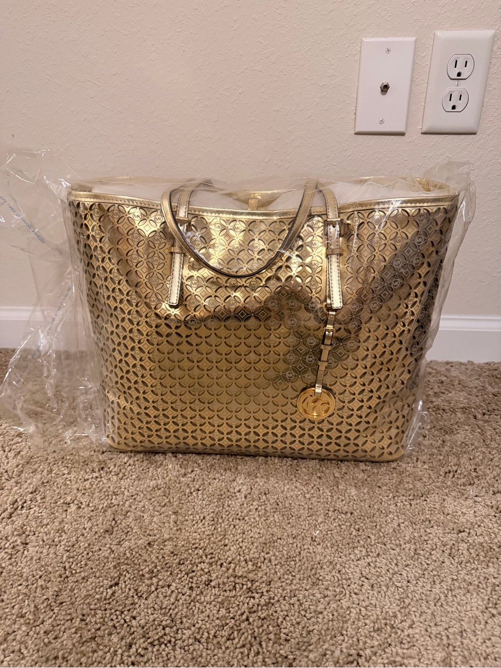 Michael Kors Metallic Gold Laser-Cut Tote with Logo Charm